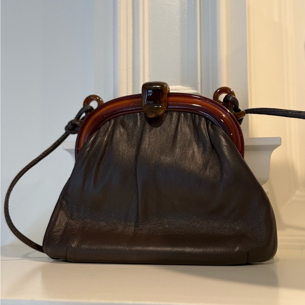 Andé Mid Century Brown Leather and Tortoiseshell Lucite Purse Handbag | Vintage